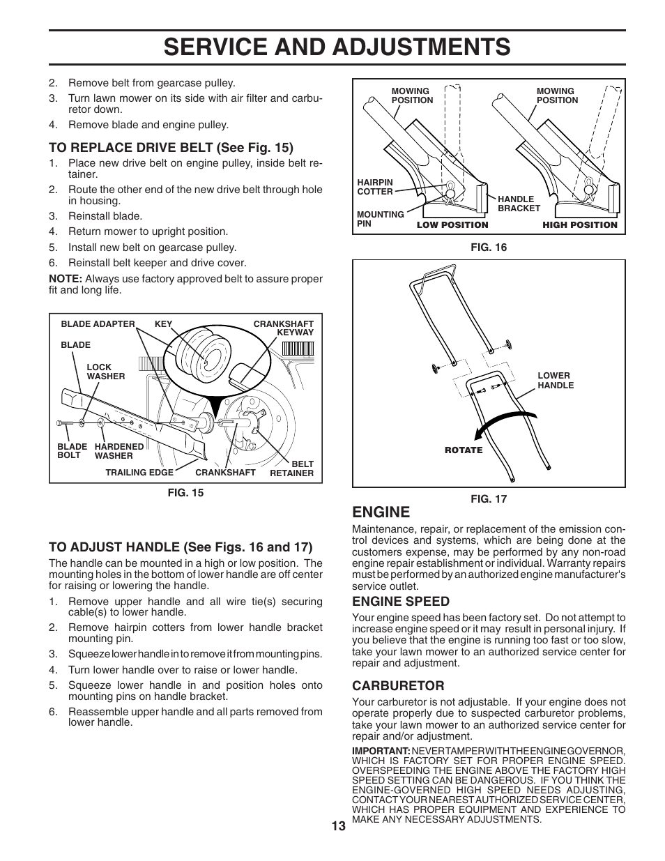 Service and adjustments, Engine | Husqvarna 7021F User Manual | Page 13 / 21