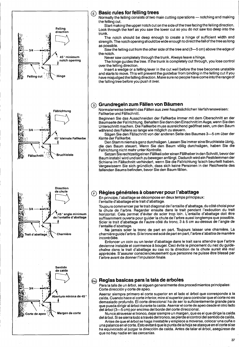 Basic rules for felling trees, Grundregeln zum fällen von bäumen, Règles générales à observer pour l’abattage | Reglas básicas para la tala de arboles | Husqvarna 50 Special User Manual | Page 37 / 42