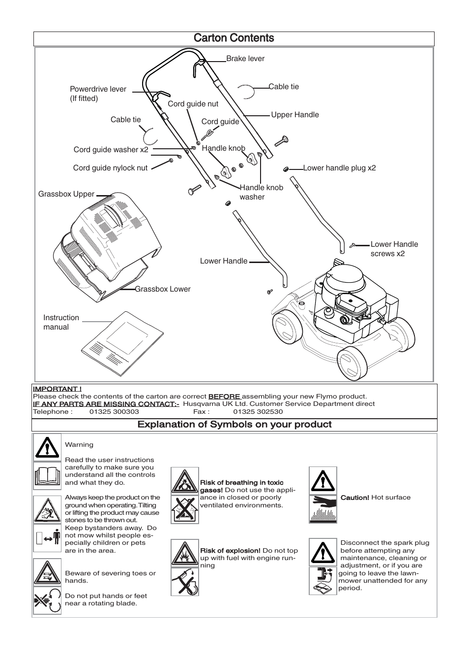 Carton contents, Explanation of symbols on your product | Husqvarna 965969201 User Manual | Page 2 / 8