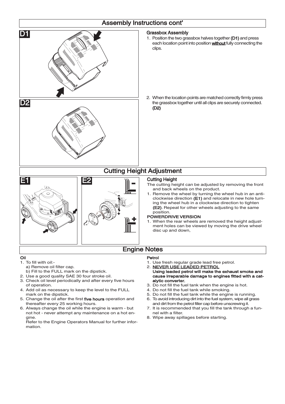 D1 d2, E1 e2, Assembly instructions cont | Cutting height adjustment | Husqvarna 965969201 User Manual | Page 5 / 8