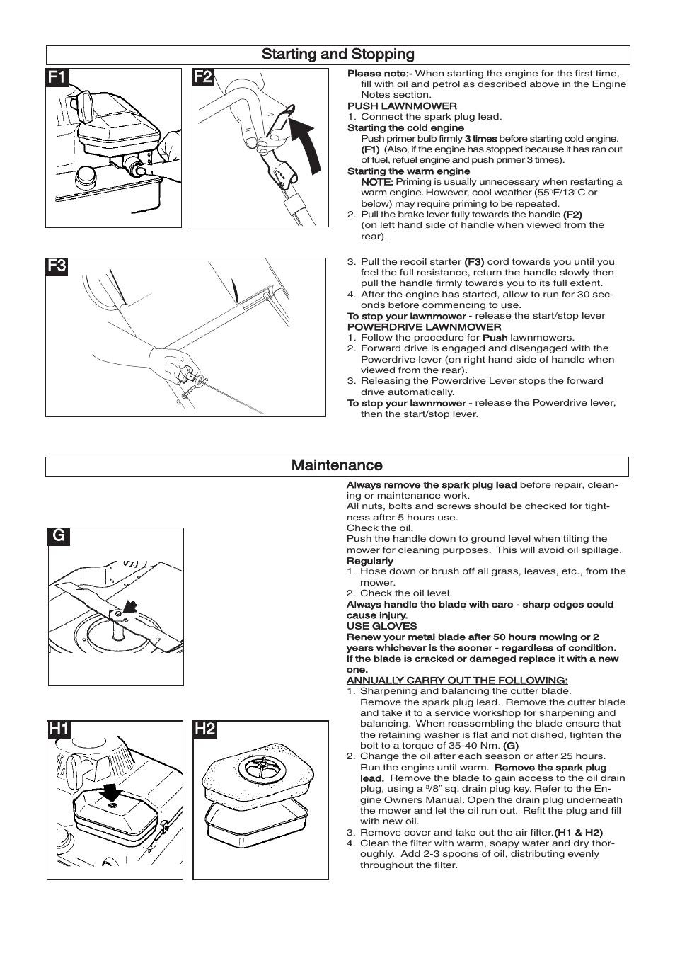 F1 f2, Gh1 h2, Starting and stopping | Maintenance | Husqvarna 965969201 User Manual | Page 6 / 8