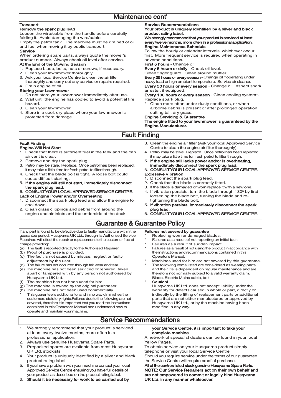 Guarantee & guarantee policy, Service recommendations, Fault finding | Maintenance cont | Husqvarna 965969201 User Manual | Page 7 / 8