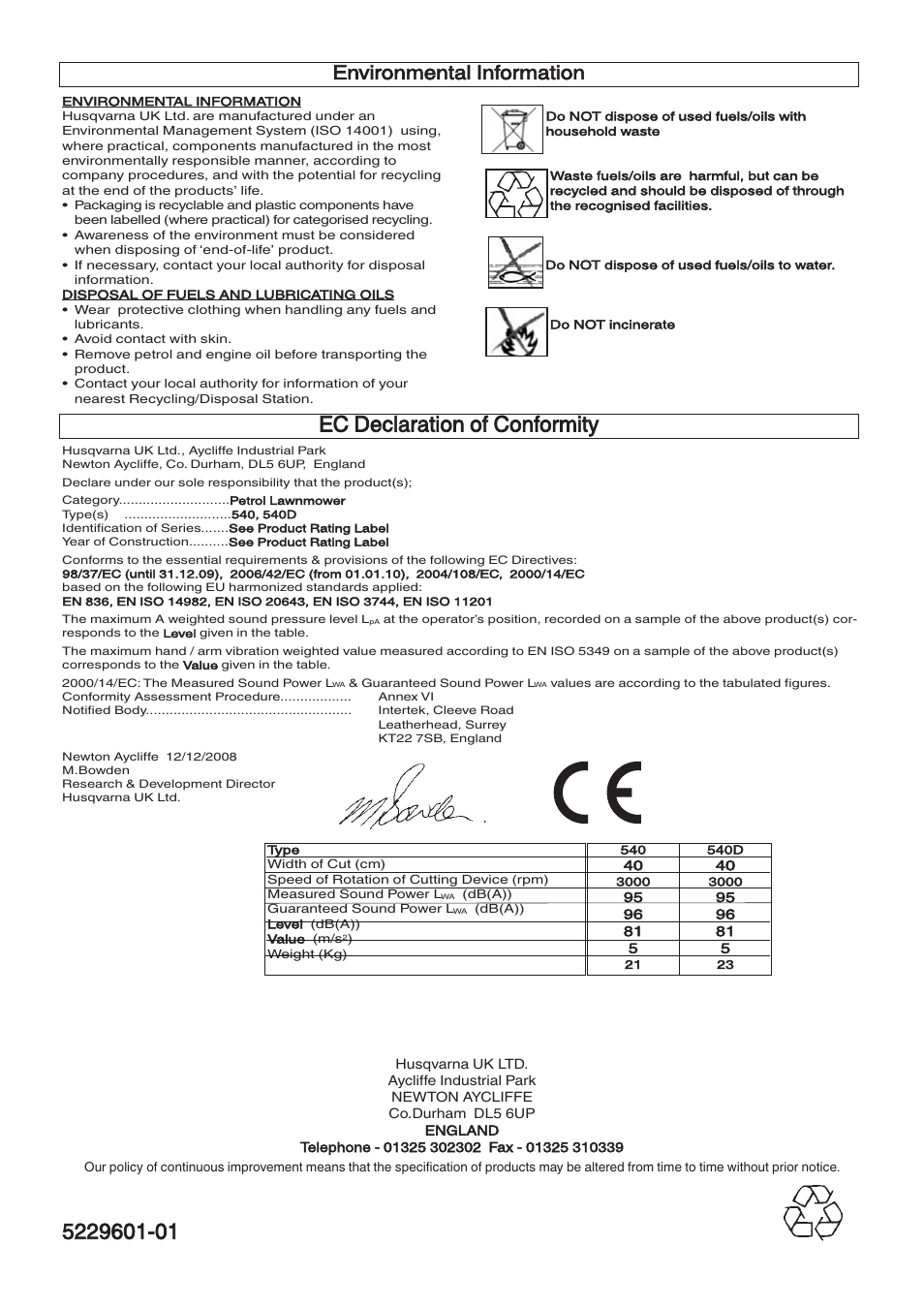 Ec declaration of conformity, Environmental information | Husqvarna 965969201 User Manual | Page 8 / 8