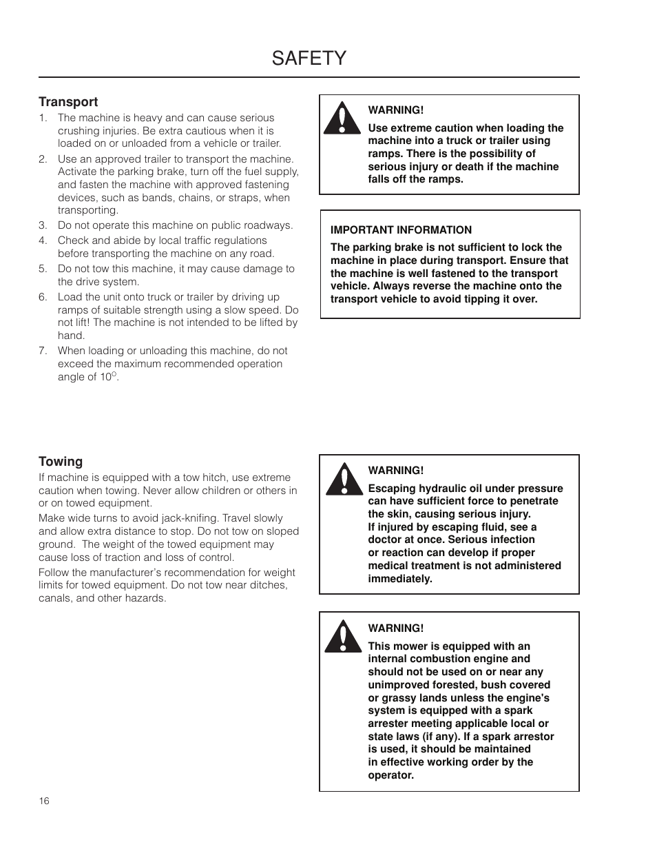 Towing, Transport, Safety | Husqvarna 966553901 User Manual | Page 16 / 72