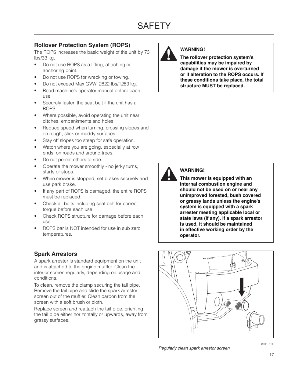 Rollover protection system (rops), Spark arrestors, Safety | Husqvarna 966553901 User Manual | Page 17 / 72
