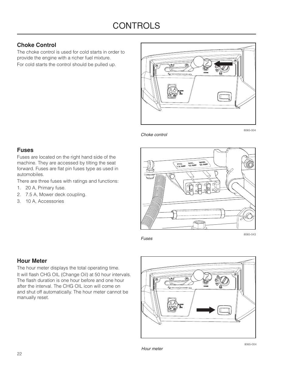 Choke control, Fuses, Hour meter | Controls | Husqvarna 966553901 User Manual | Page 22 / 72