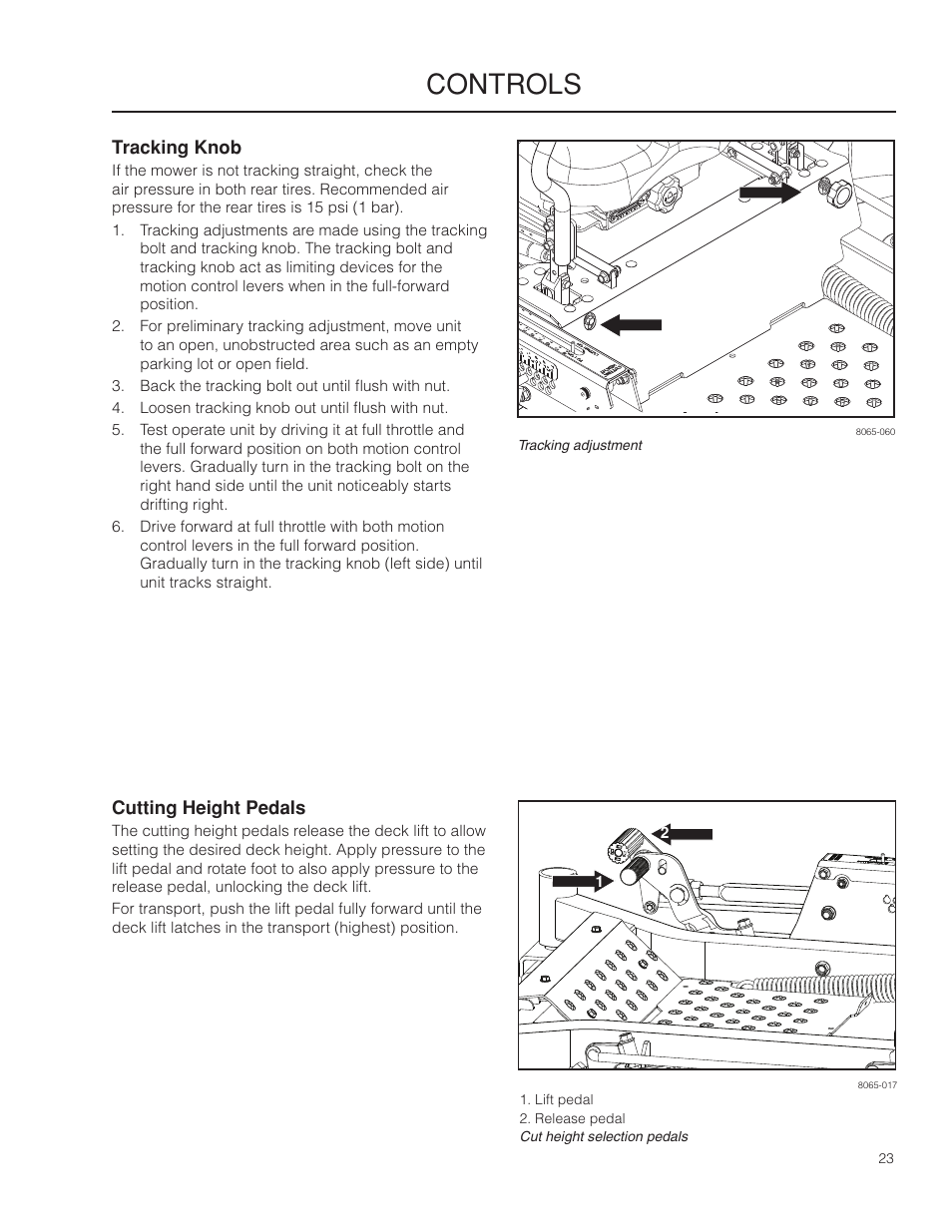 Tracking knob, Cutting height pedals, Controls | Husqvarna 966553901 User Manual | Page 23 / 72