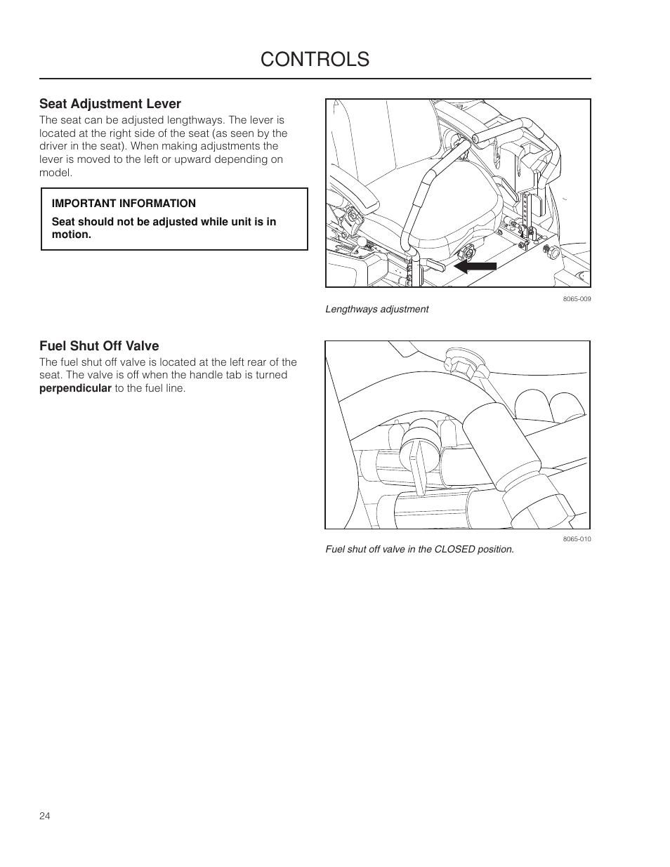 Seat adjustment lever, Fuel shut off valve, Controls | Husqvarna 966553901 User Manual | Page 24 / 72