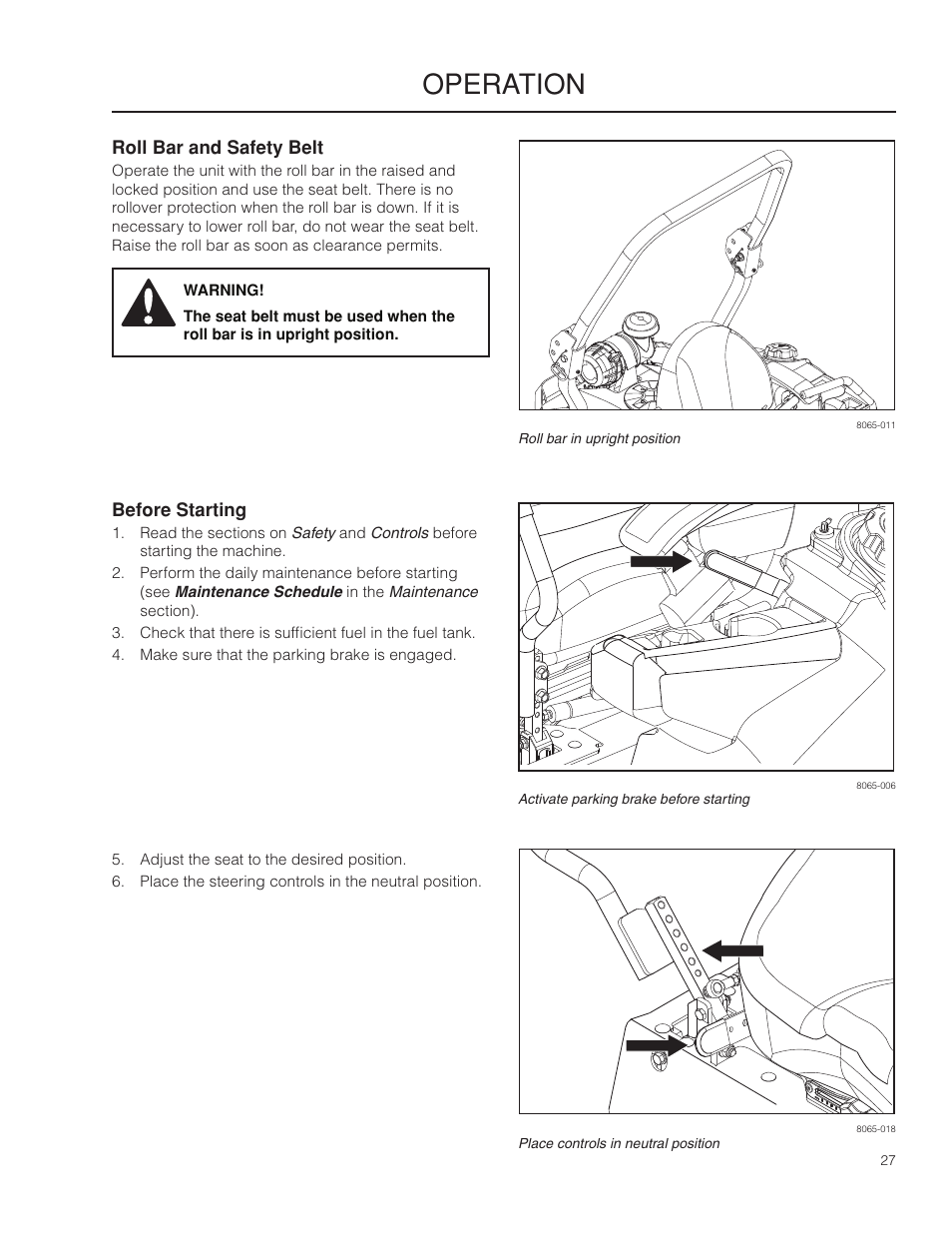 Roll bar and safety belt, Before starting, Operation | Husqvarna 966553901 User Manual | Page 27 / 72