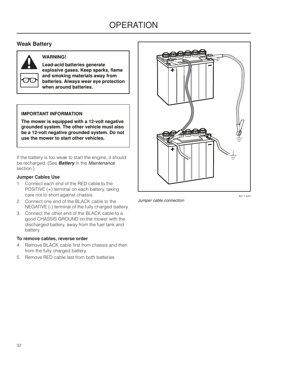 Jumper cables use, Operation | Husqvarna 966553901 User Manual | Page 32 / 72