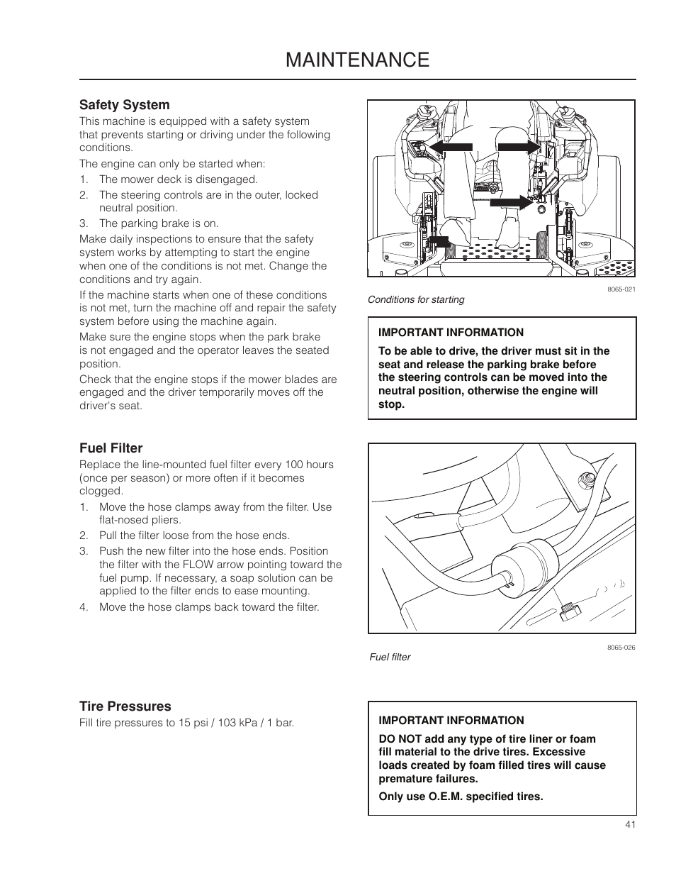 Safety system, Fuel filter, Tire pressures | Maintenance | Husqvarna 966553901 User Manual | Page 41 / 72