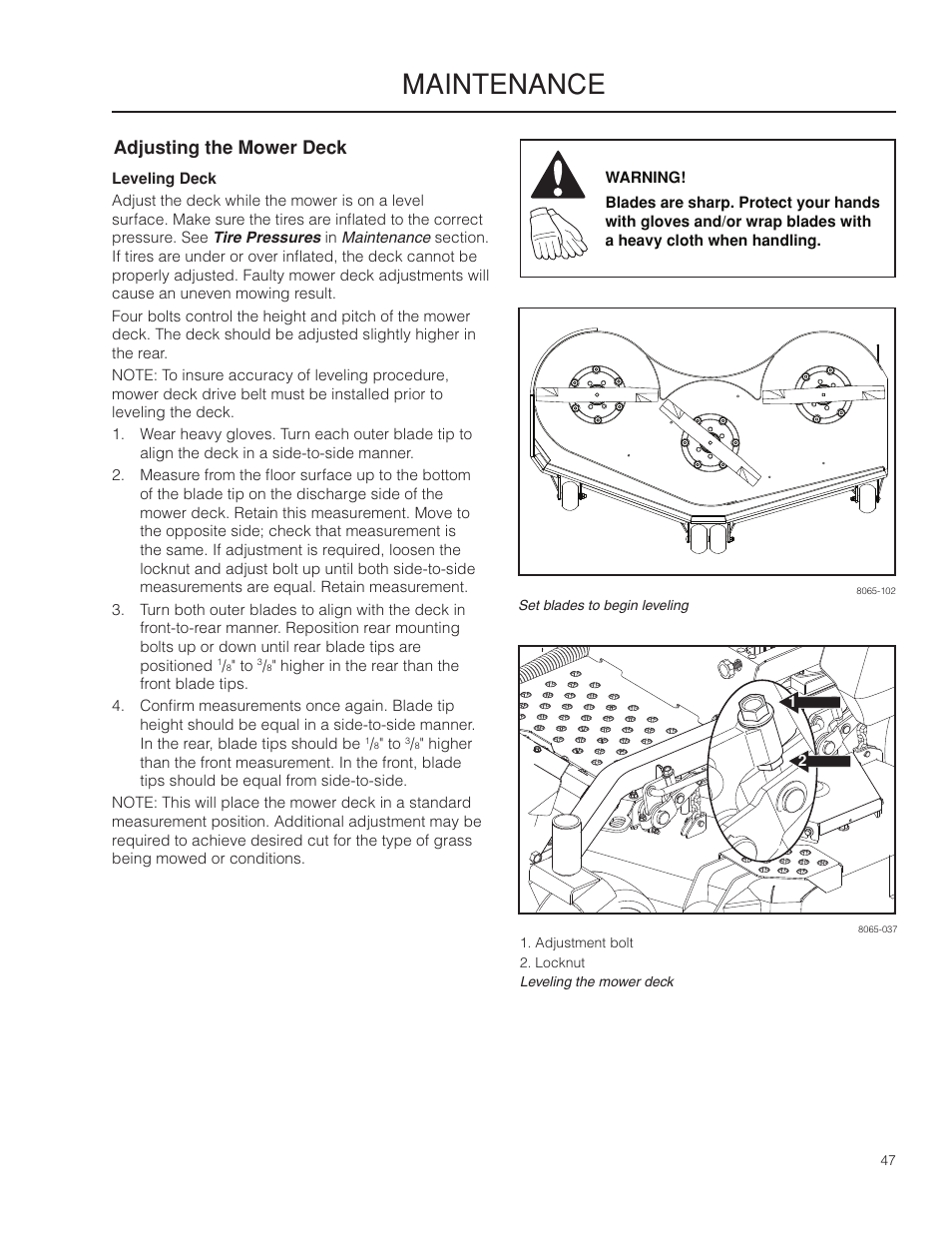 Adjusting the mower deck, Leveling deck, Maintenance | Husqvarna 966553901 User Manual | Page 47 / 72