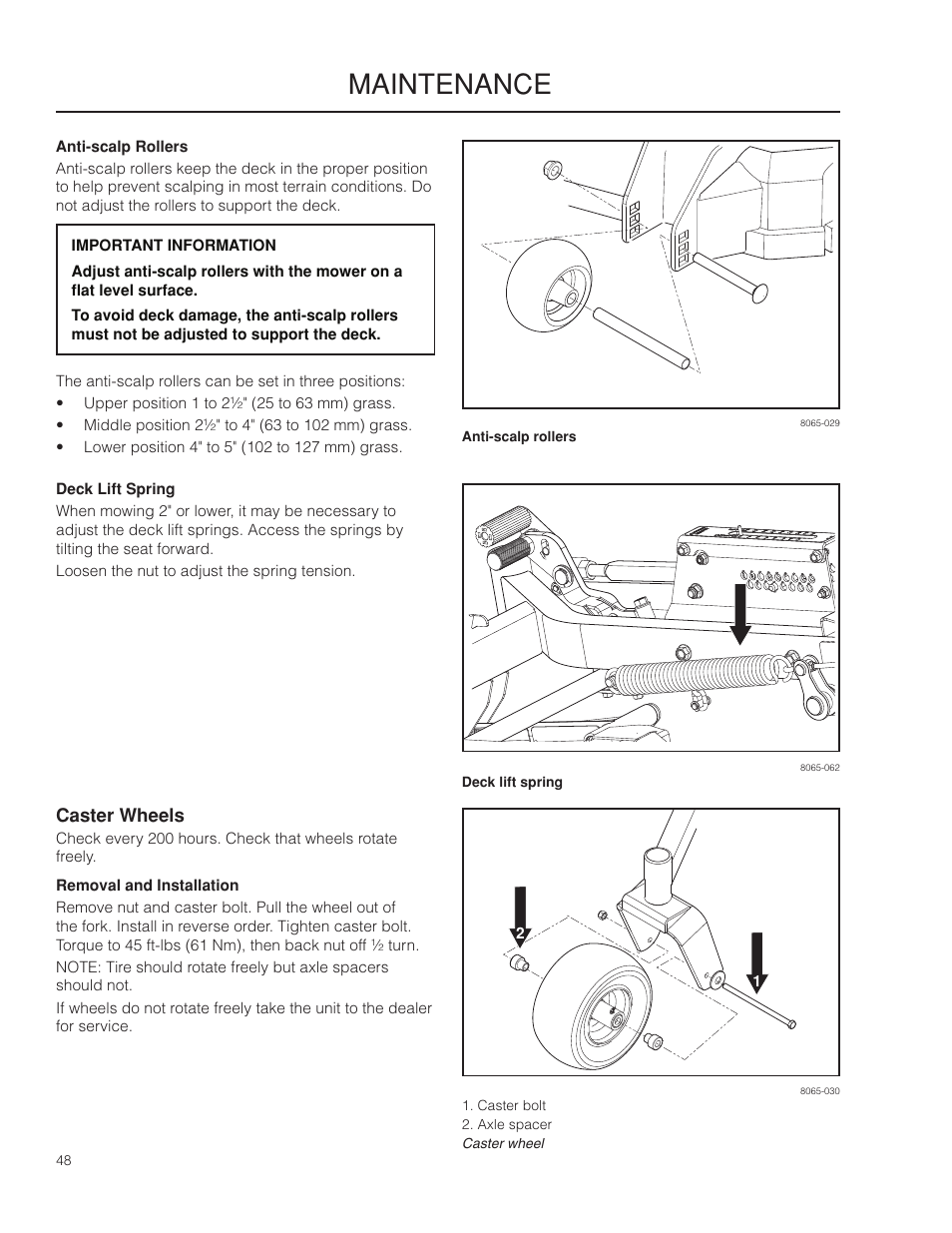 Anti-scalp rollers, Caster wheels, Maintenance | Husqvarna 966553901 User Manual | Page 48 / 72