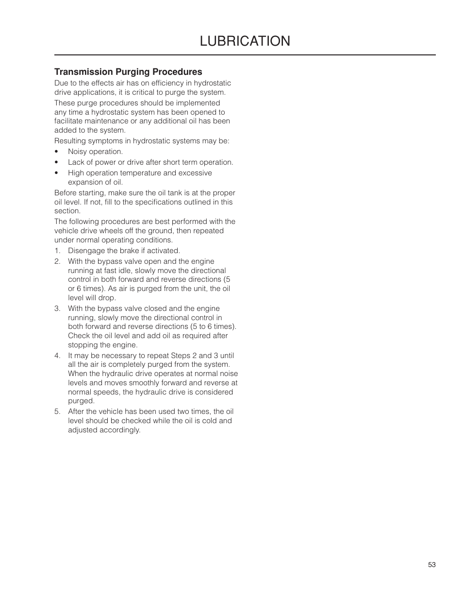 Transmission purging procedures, Lubrication | Husqvarna 966553901 User Manual | Page 53 / 72