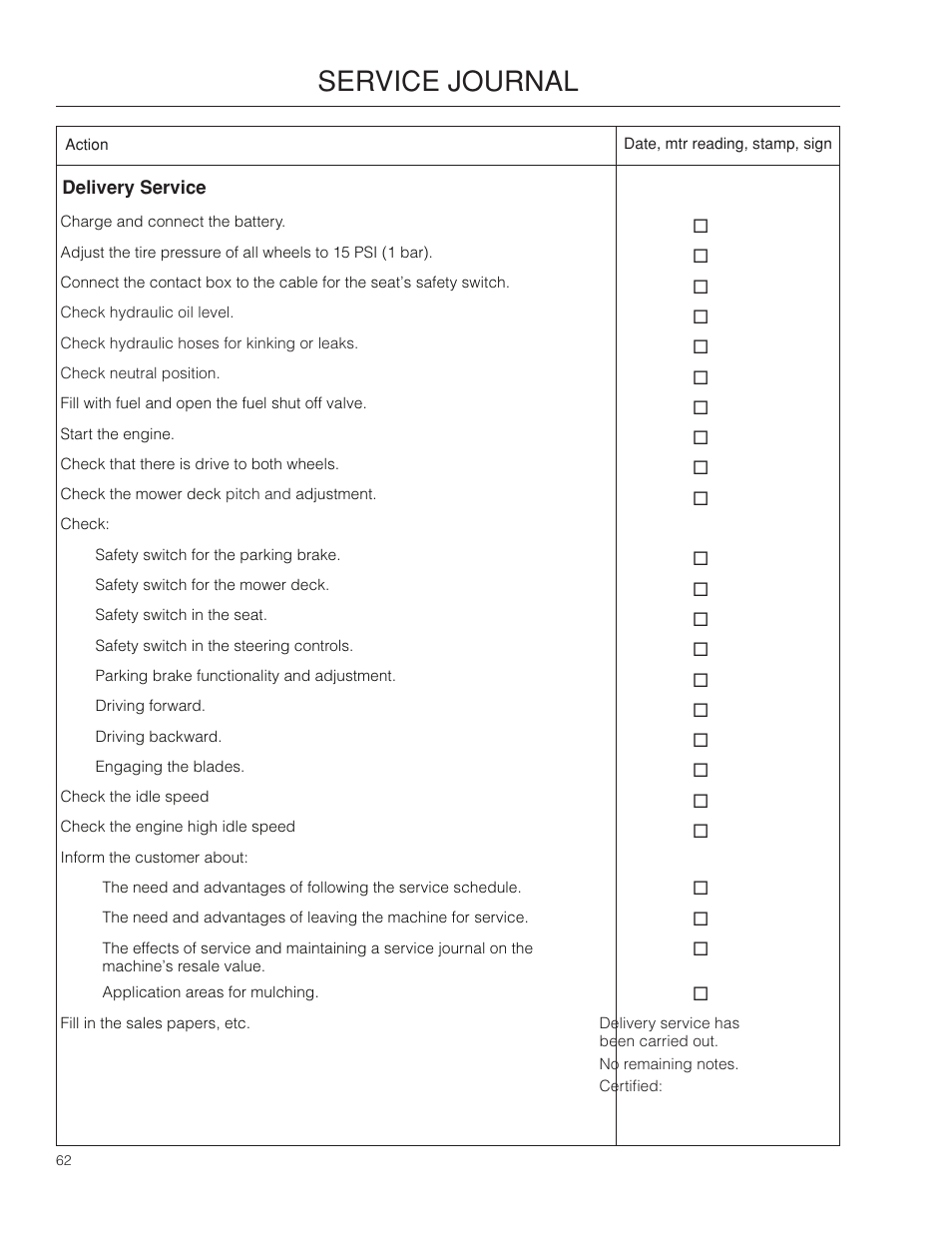 Service journal | Husqvarna 966553901 User Manual | Page 62 / 72