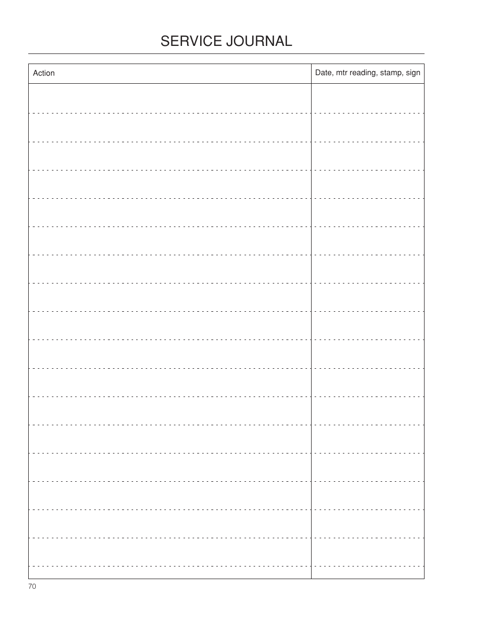 Service journal | Husqvarna 966553901 User Manual | Page 70 / 72