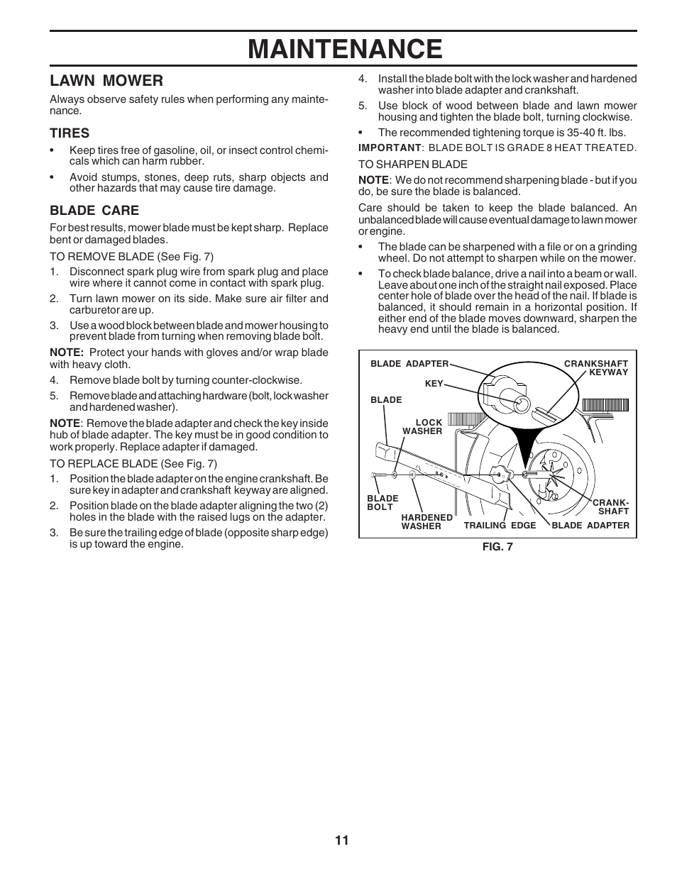 Maintenance, Lawn mower | Husqvarna 6022SH User Manual | Page 11 / 18