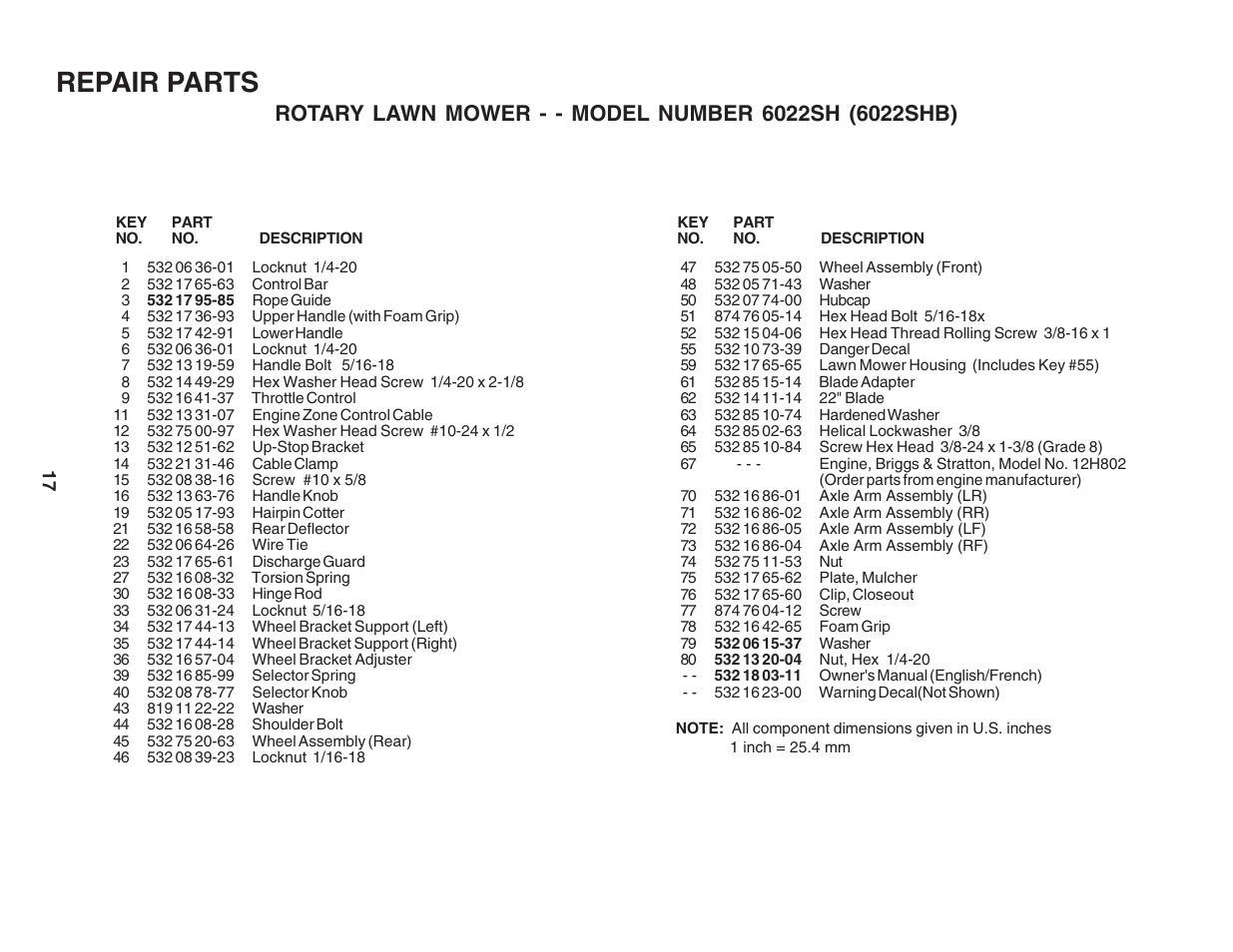 Parts list, Repair parts | Husqvarna 6022SH User Manual | Page 17 / 18