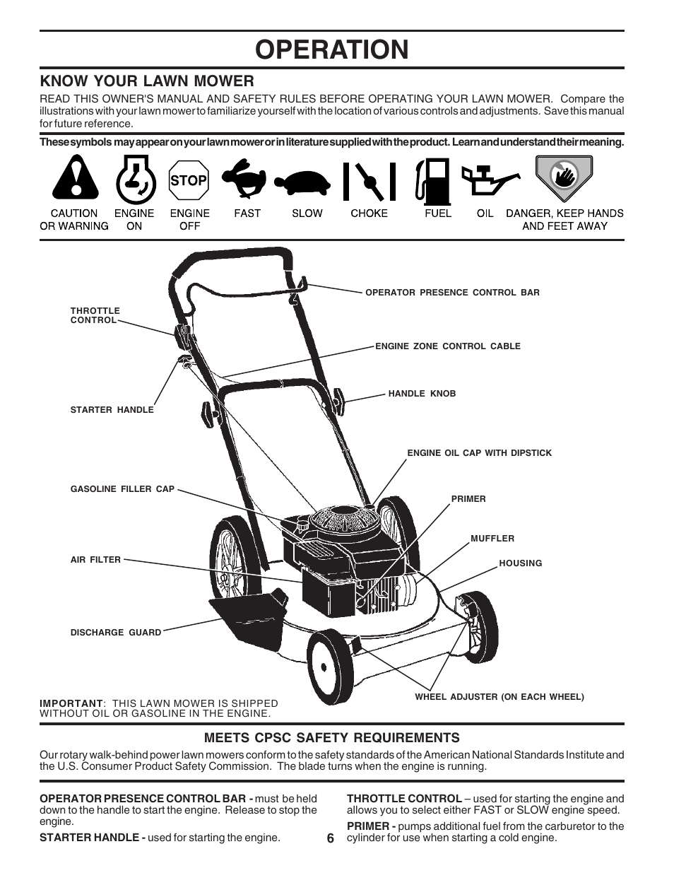Operation, Know your lawn mower | Husqvarna 6022SH User Manual | Page 6 / 18