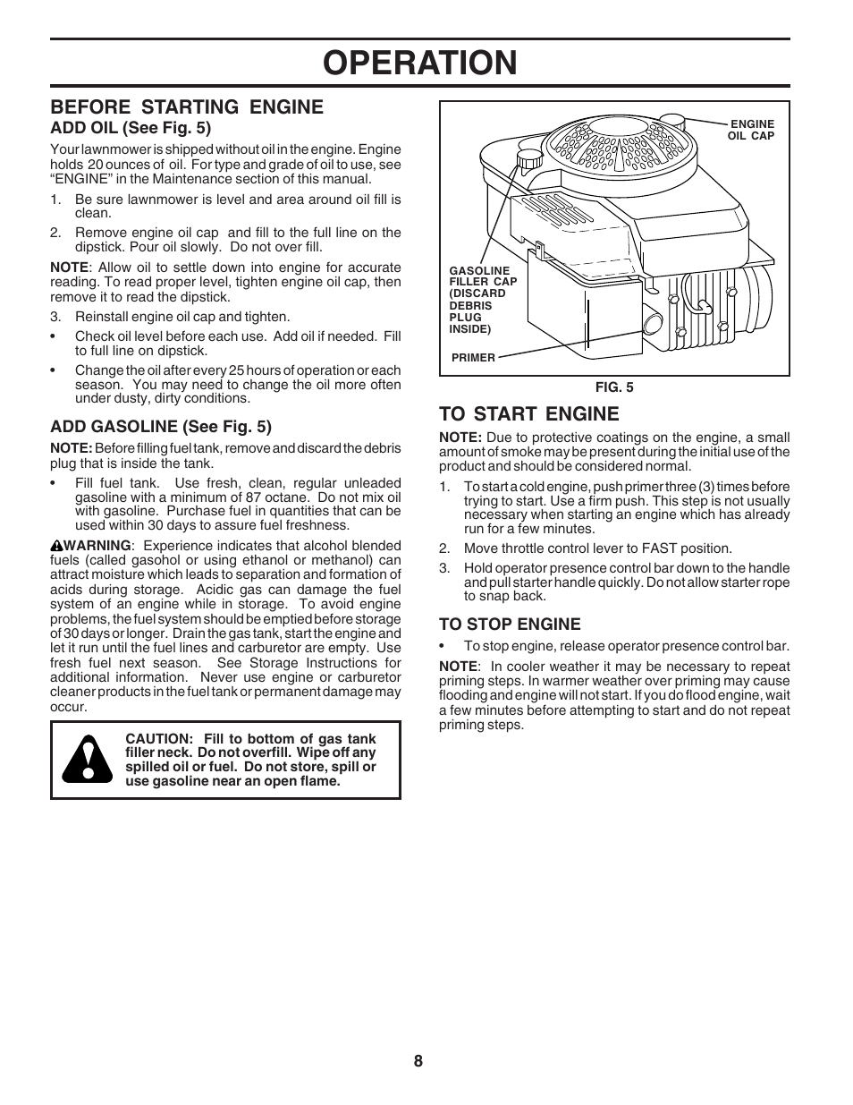 Operation, Before starting engine | Husqvarna 6022SH User Manual | Page 8 / 18
