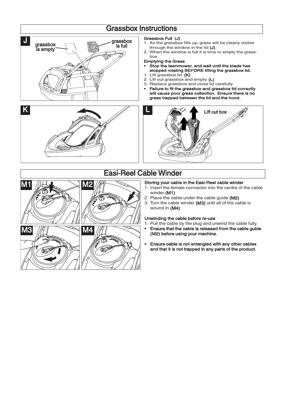 Grassbox instructions, M1 m2 m3 m4, Easi-reel cable winder k | Husqvarna 360 User Manual | Page 5 / 9