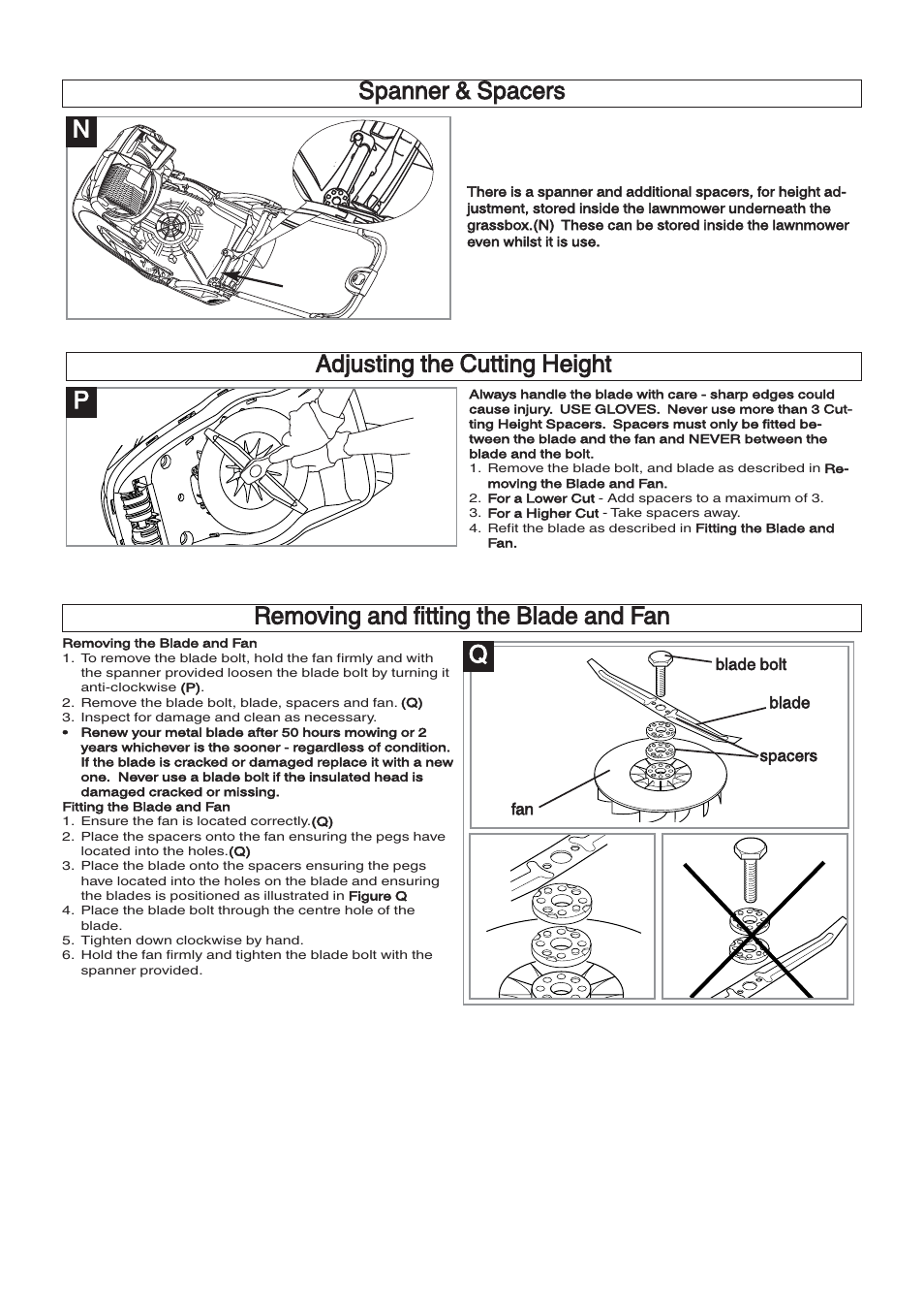Adjusting the cutting height, Premoving and fitting the blade and fan q, Spanner & spacers | Husqvarna 360 User Manual | Page 6 / 9