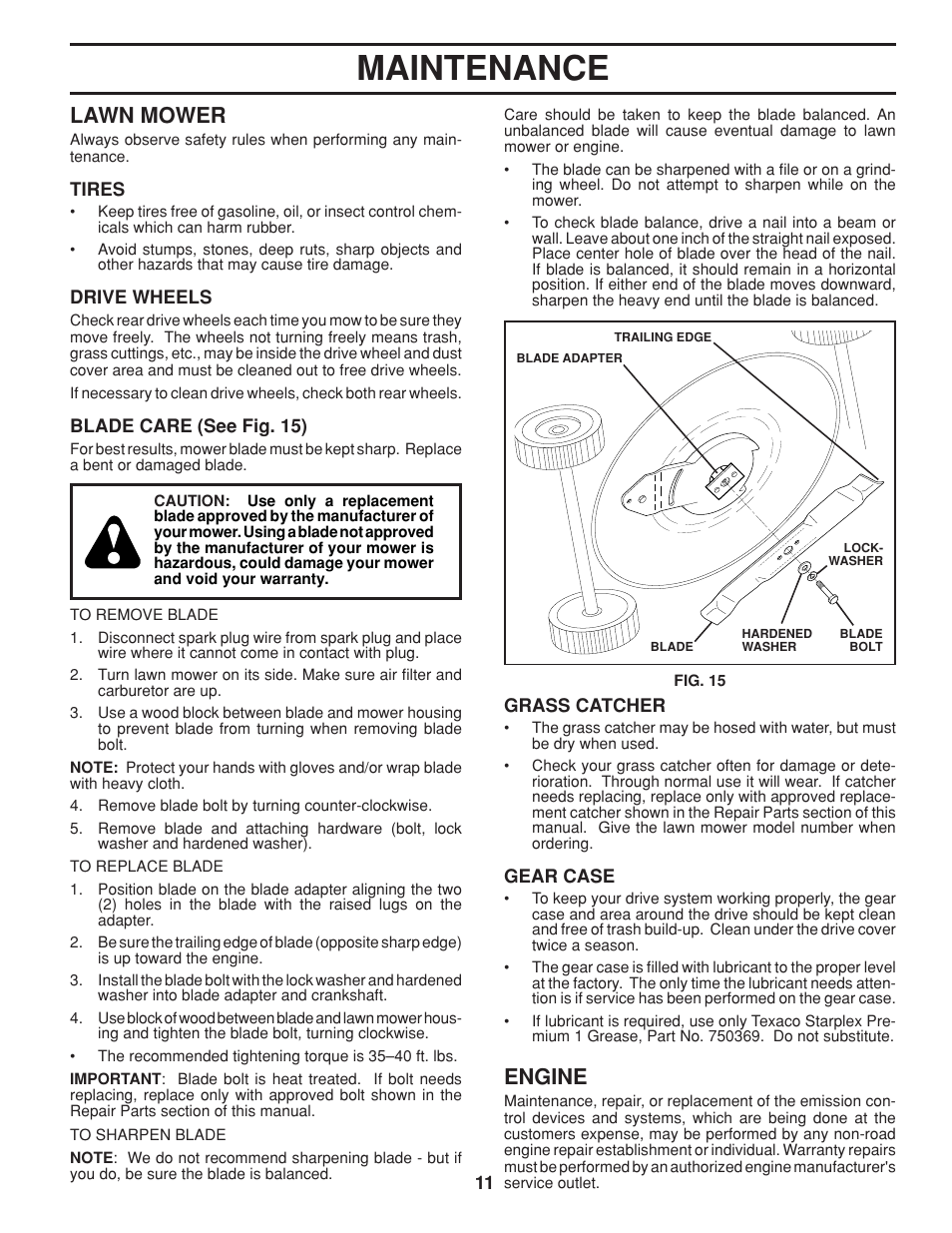 Maintenance, Lawn mower, Engine | Husqvarna 7021RC User Manual | Page 11 / 18