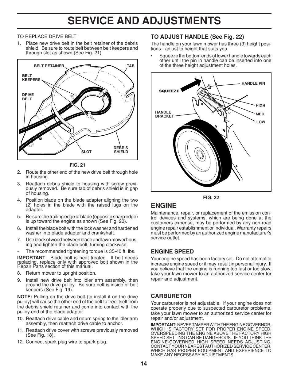 Service and adjustments, Engine | Husqvarna 7021RC User Manual | Page 14 / 18