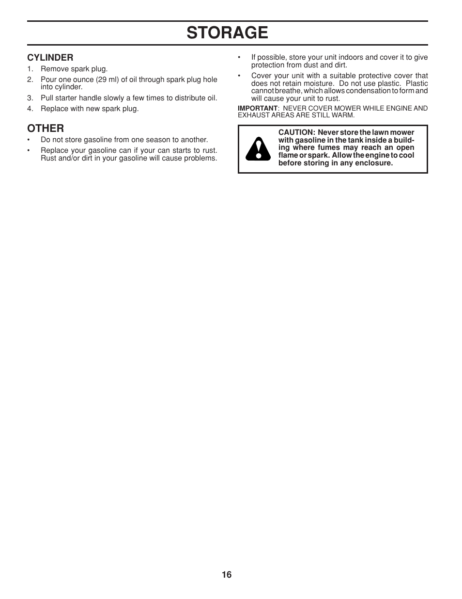 Storage, Other | Husqvarna 7021RC User Manual | Page 16 / 18