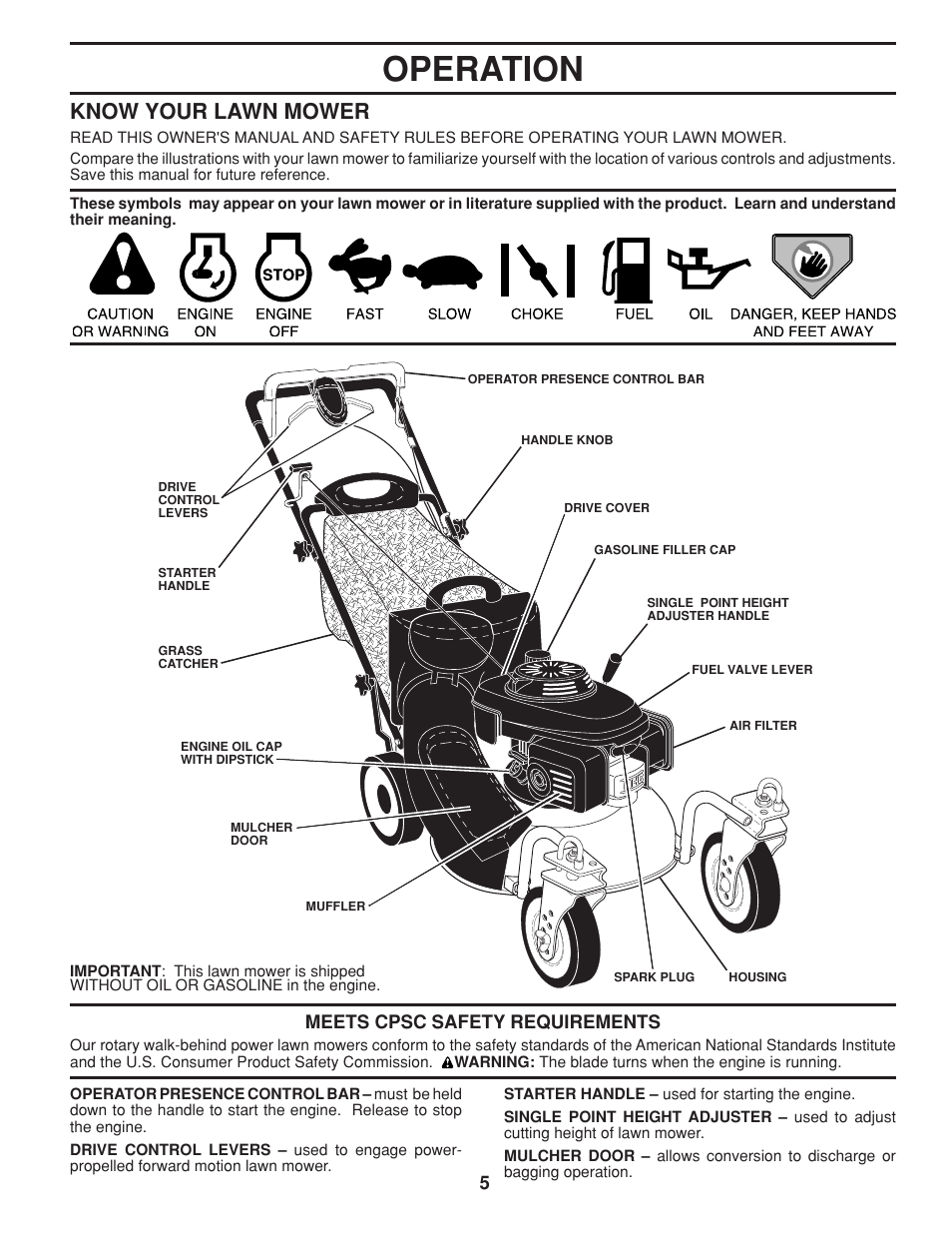 Operation, Know your lawn mower, Meets cpsc safety requirements | Husqvarna 7021RC User Manual | Page 5 / 18