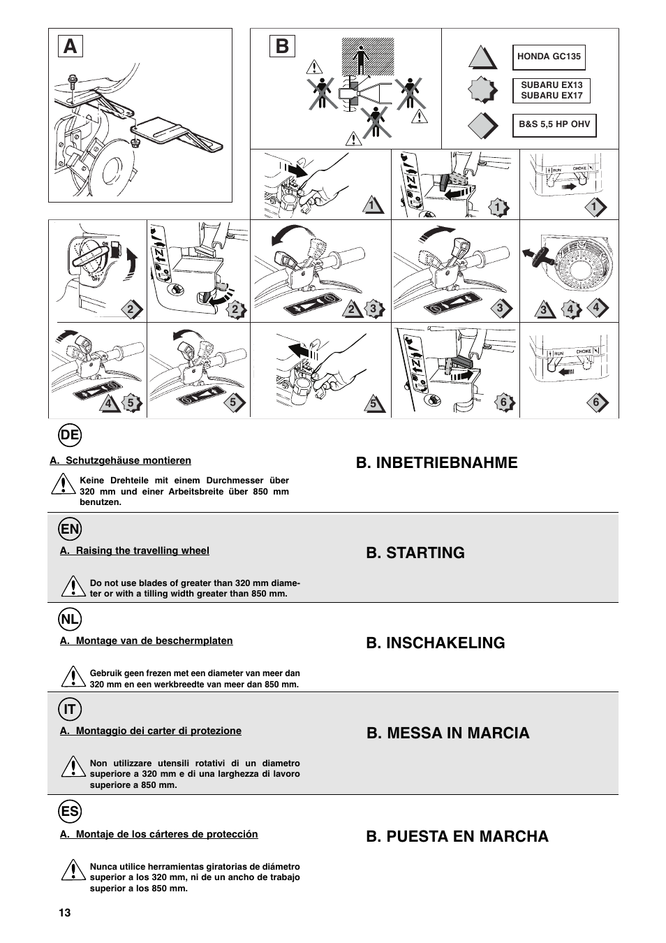 B. inbetriebnahme, B. starting, B. inschakeling | B. messa in marcia, B. puesta en marcha | Husqvarna T 55R User Manual | Page 14 / 21