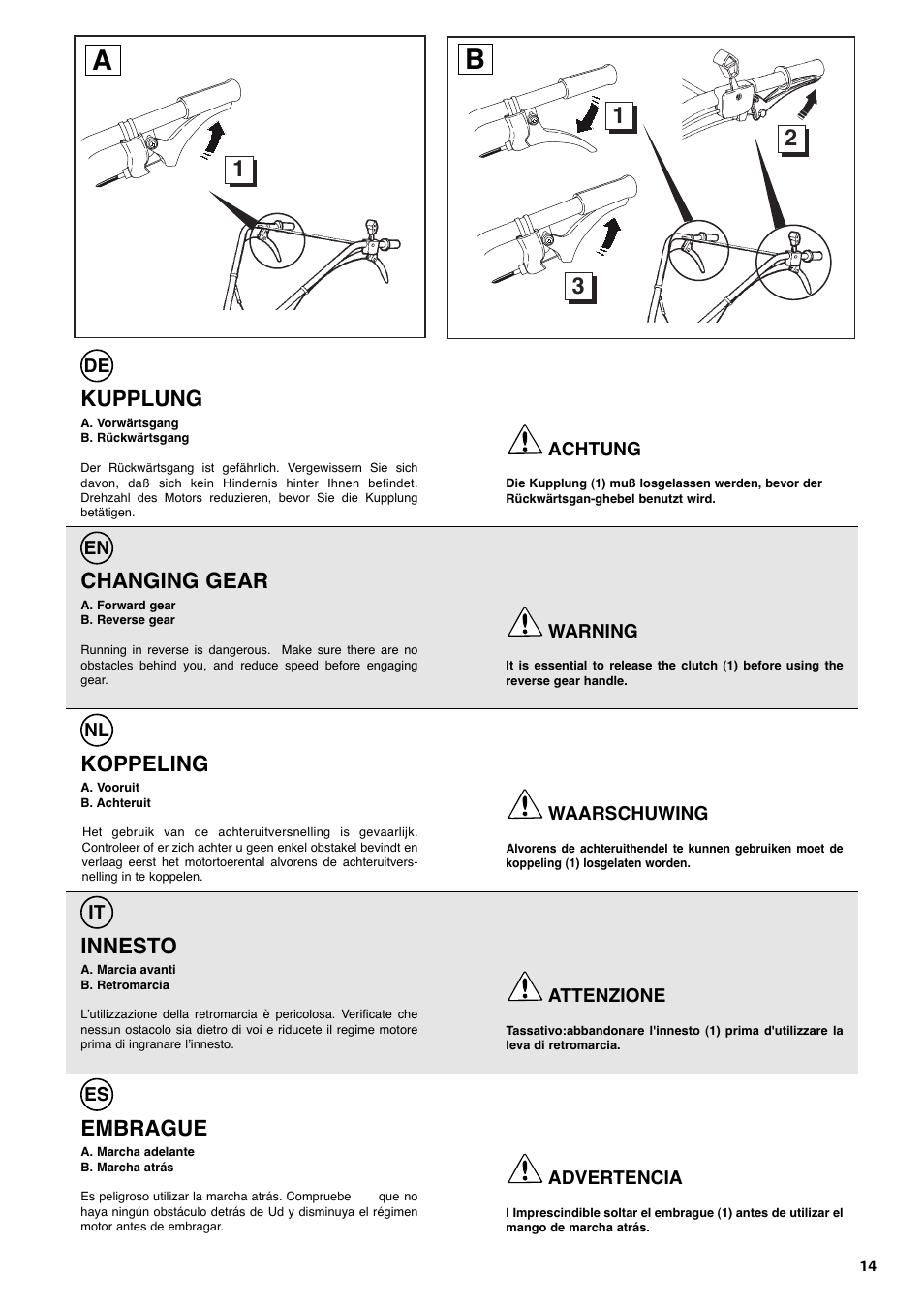 Kupplung, Changing gear, Koppeling | Innesto, Embrague | Husqvarna T 55R User Manual | Page 15 / 21