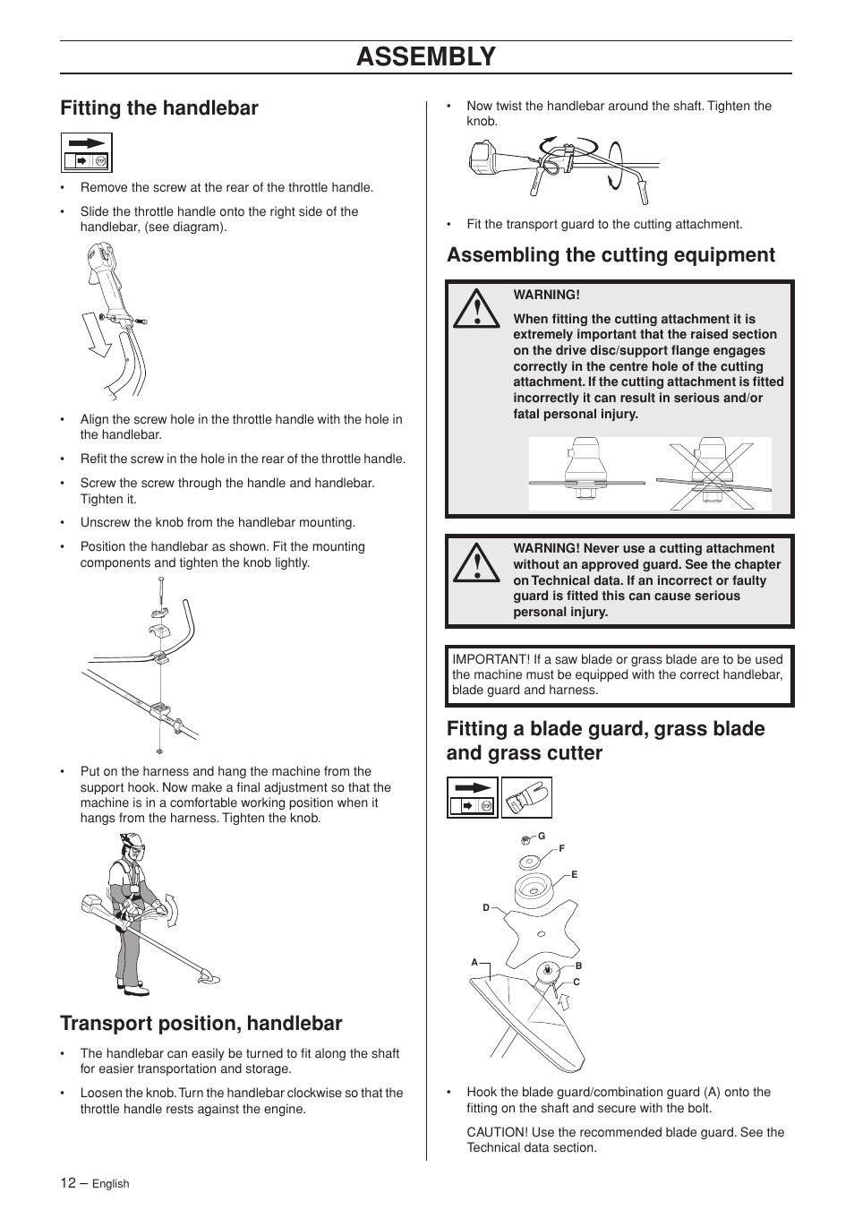 Fitting the handlebar, Transport position, handlebar, Assembling the cutting equipment | Assembly | Husqvarna 326R User Manual | Page 12 / 36