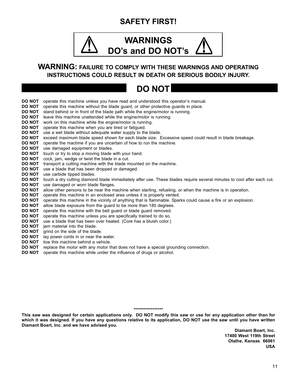 Warnings do’s and do not’s, Do not, Safety first | Warning | Husqvarna MC1813R User Manual | Page 11 / 40