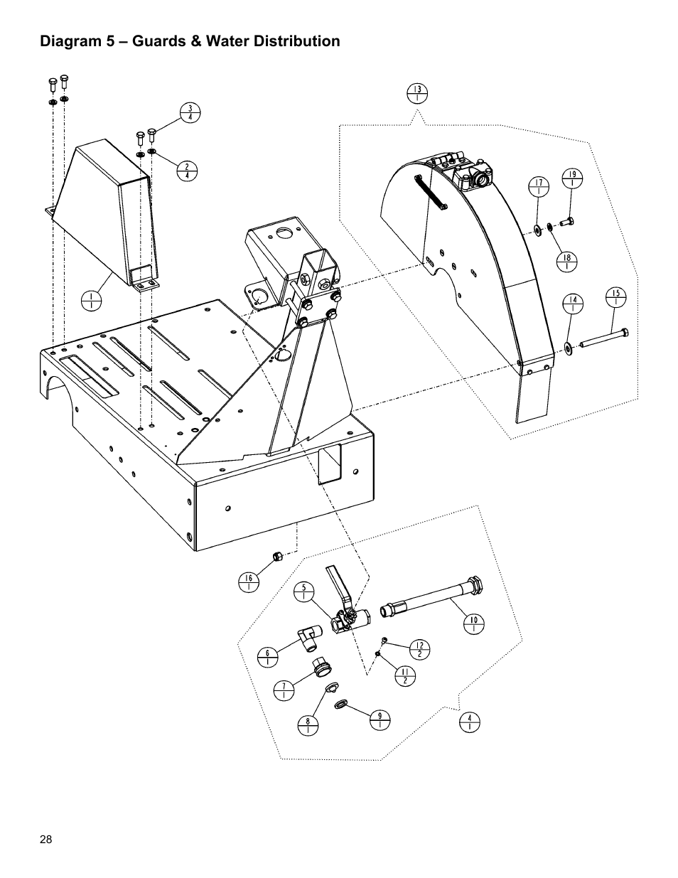 Diagram 5 – guards & water distribution | Husqvarna MC1813R User Manual | Page 28 / 40