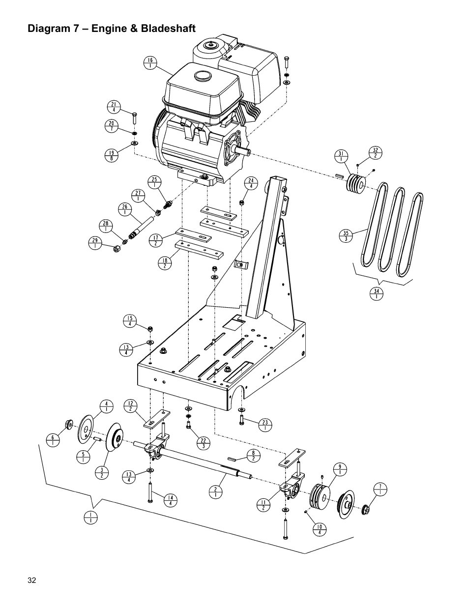 Diagram 7 – engine & bladeshaft | Husqvarna MC1813R User Manual | Page 32 / 40