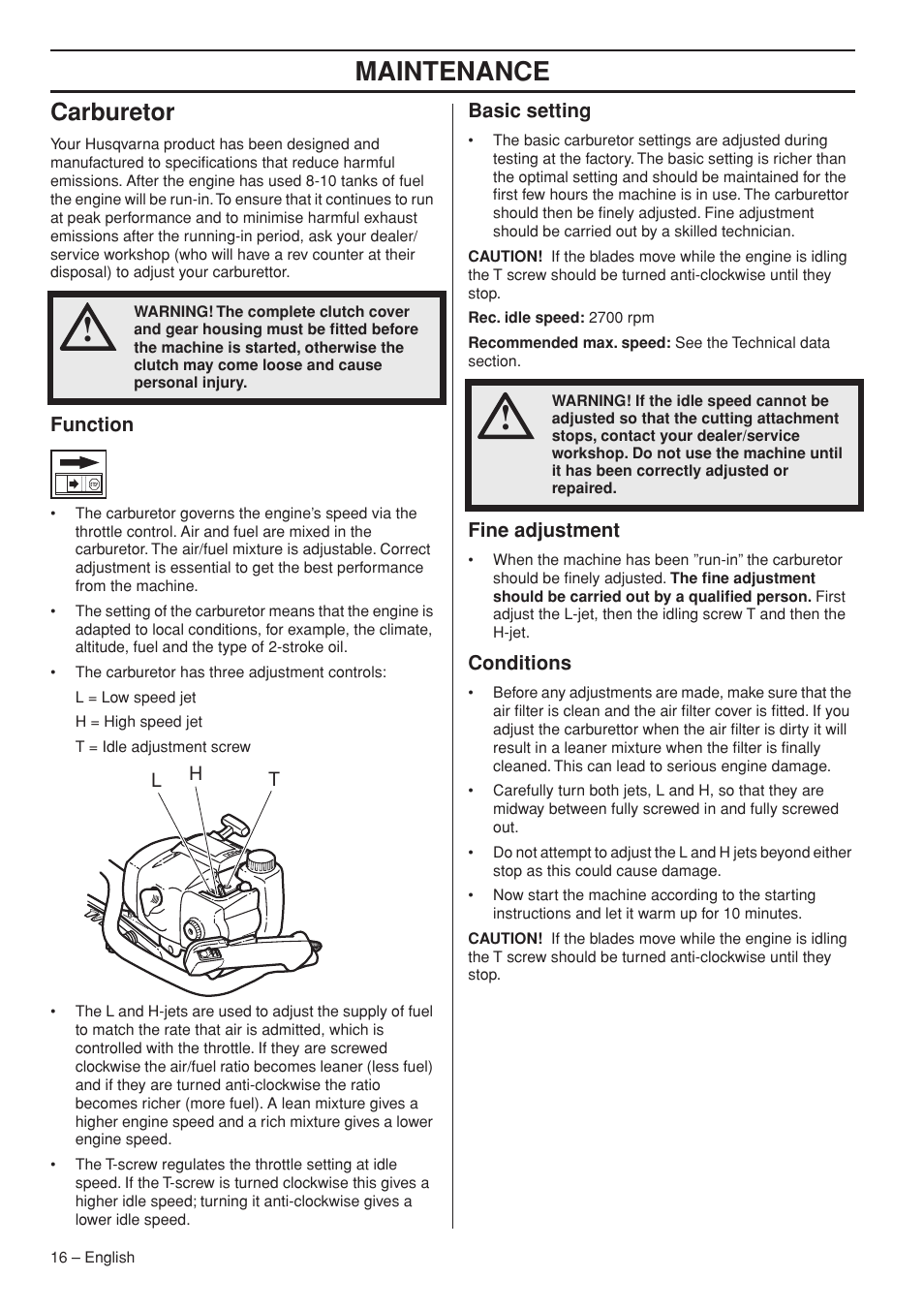 Carburetor, Function, Basic setting | Fine adjustment, Conditions, Maintenance | Husqvarna 325HS99X User Manual | Page 16 / 28