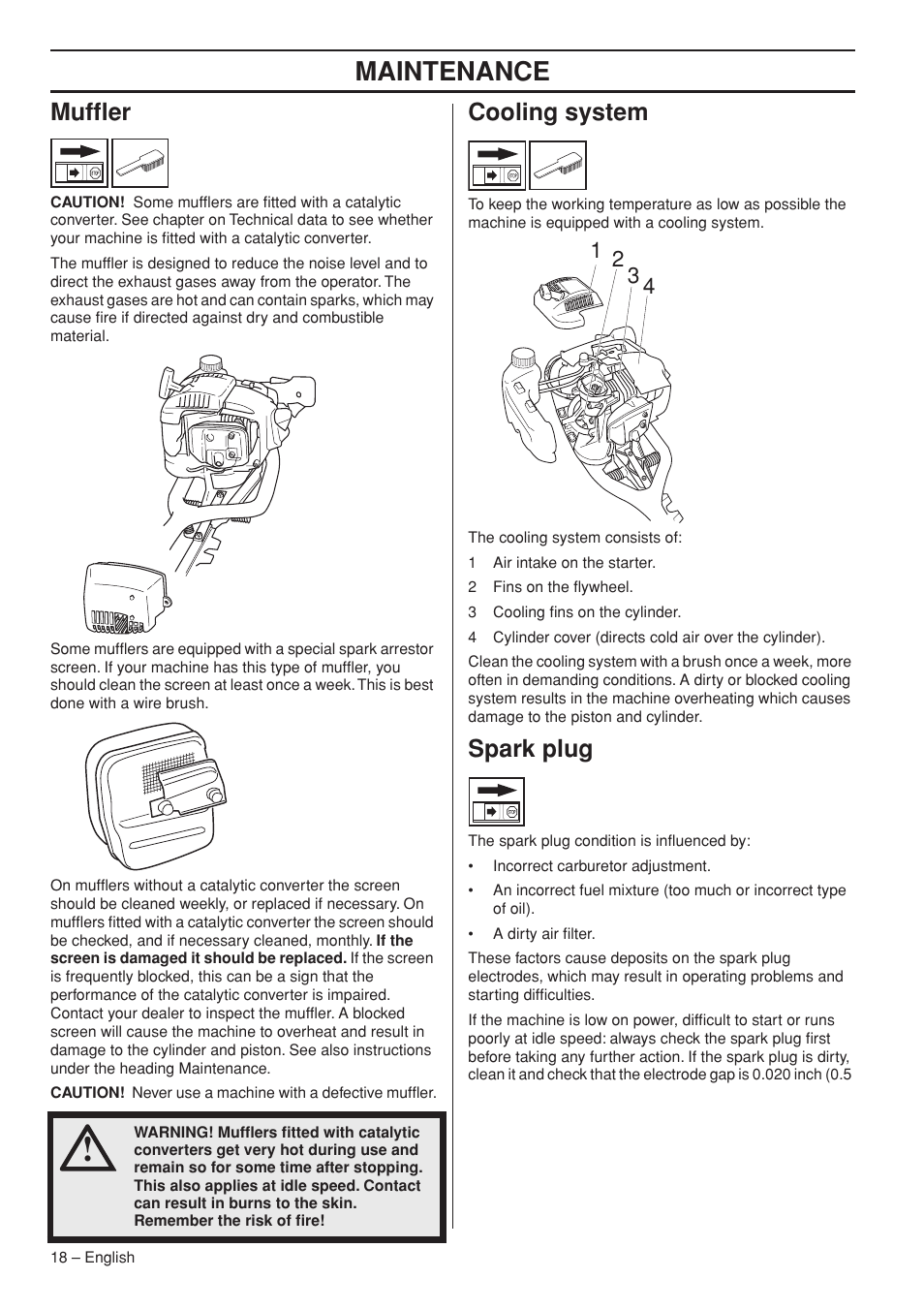 Muffler, Cooling system, Spark plug | Maintenance | Husqvarna 325HS99X User Manual | Page 18 / 28