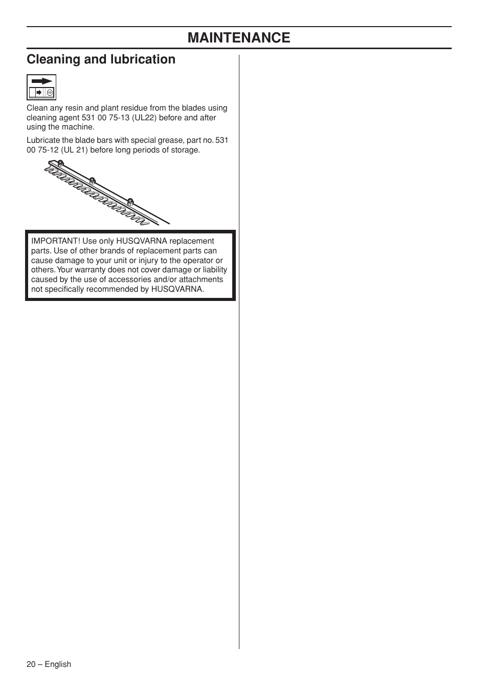 Cleaning and lubrication, Maintenance | Husqvarna 325HS99X User Manual | Page 20 / 28