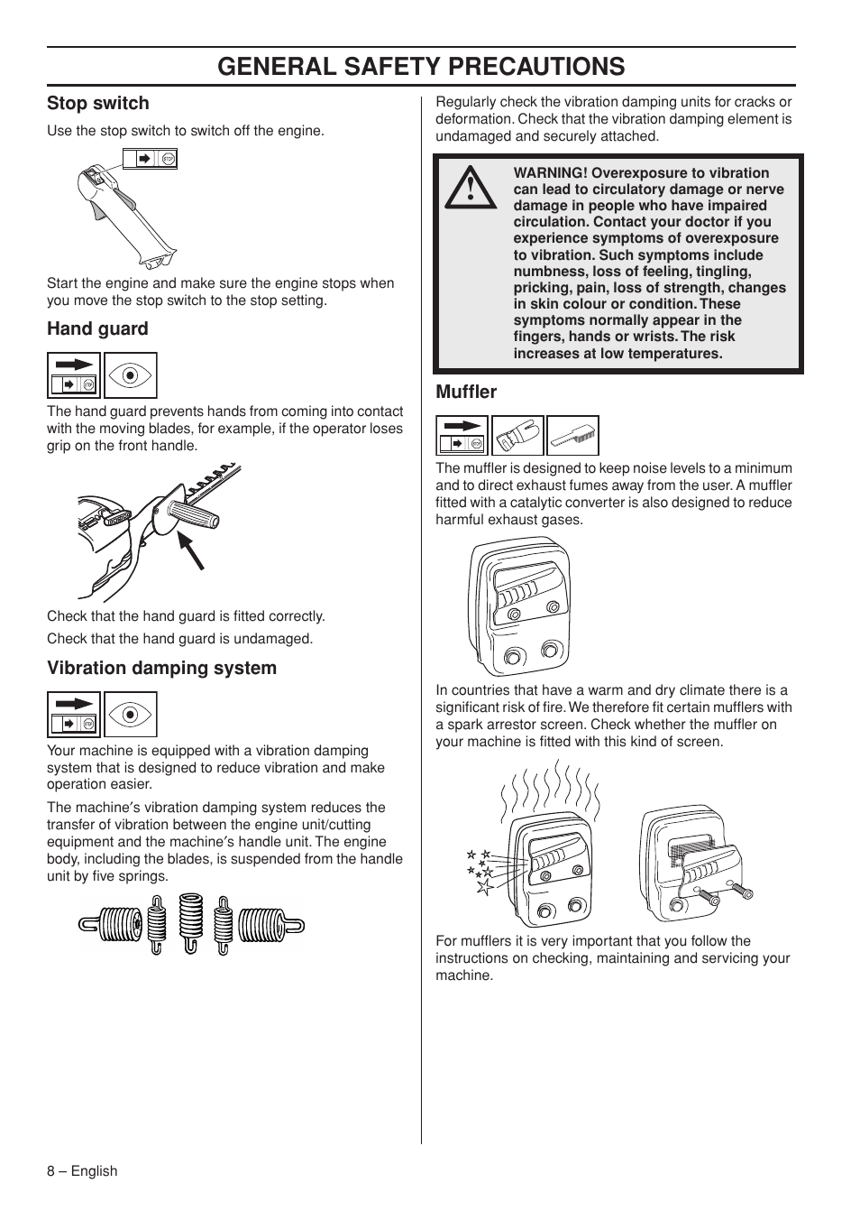 Stop switch, Hand guard, Vibration damping system | Muffler, General safety preca utions | Husqvarna 325HS99X User Manual | Page 8 / 28