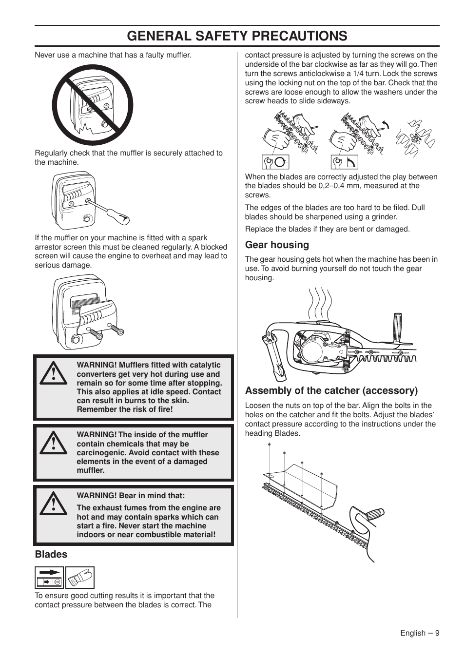 Blades, Gear housing, Assembly of the catcher (accessory) | General safety precautions | Husqvarna 325HS99X User Manual | Page 9 / 28
