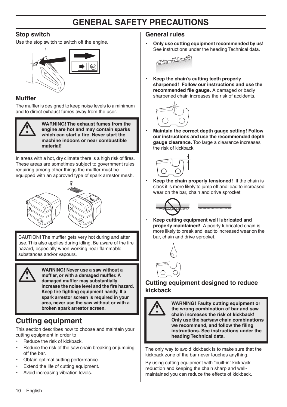 Stop switch, Muffler, Cutting equipment | General rules, Cutting equipment designed to reduce kickback, General safety precautions | Husqvarna 1153183-26 User Manual | Page 10 / 44