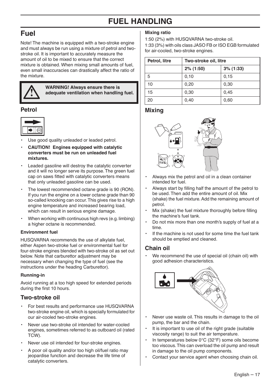 Fuel, Petrol, Two-stroke oil | Mixing, Chain oil, Fuel handling | Husqvarna 1153183-26 User Manual | Page 17 / 44