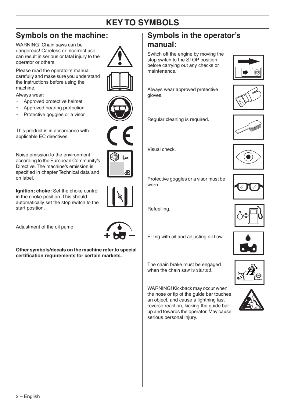 Symbols on the machine, Symbols in the operator’s manual, Key t o symbols | Symbols on the mac hine, Symbols in the operator’ s manual | Husqvarna 1153183-26 User Manual | Page 2 / 44