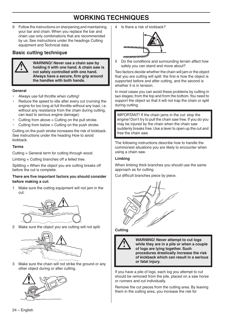 Basic cutting technique, Working techniques | Husqvarna 1153183-26 User Manual | Page 24 / 44