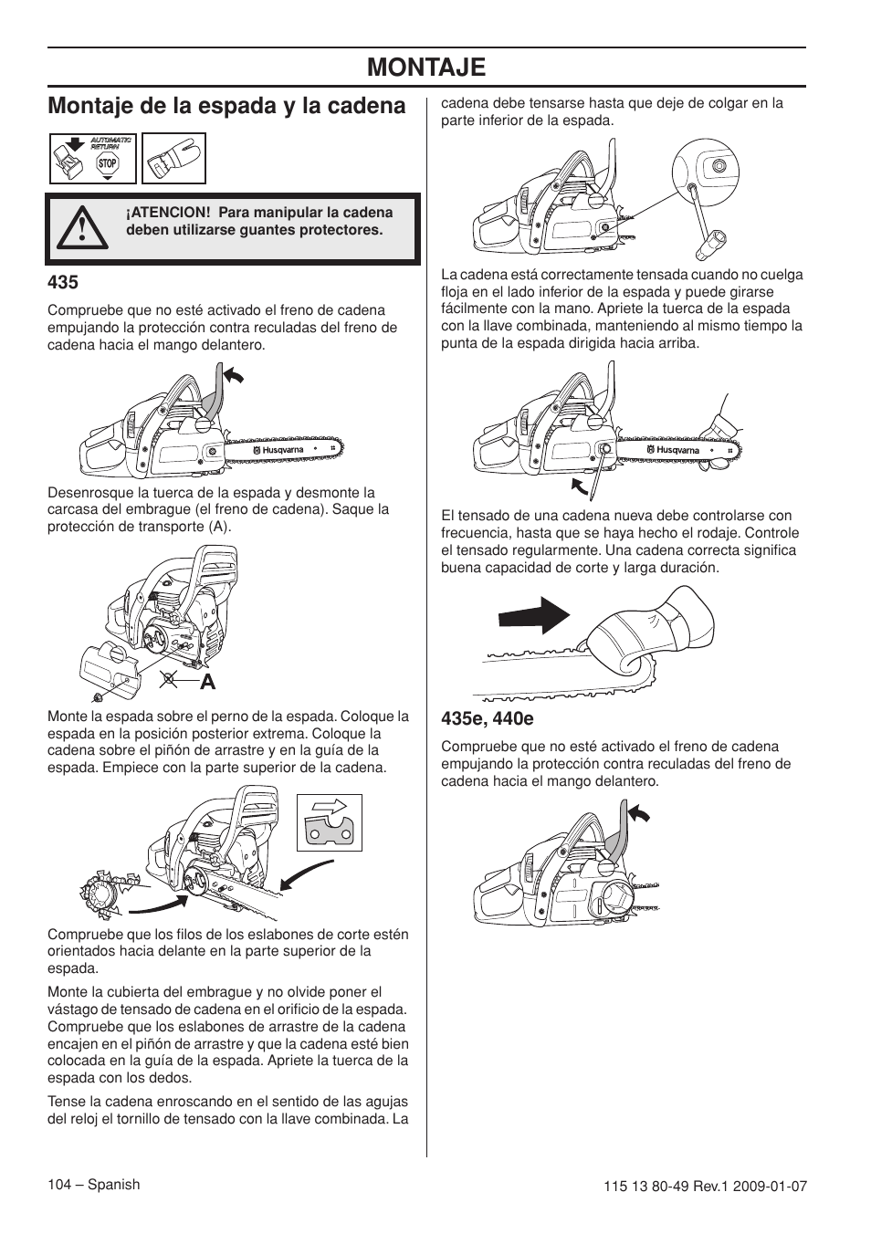 Montaje de la espada y la cadena, 435e, 440e, Montaje | Husqvarna EPA III User Manual | Page 104 / 132