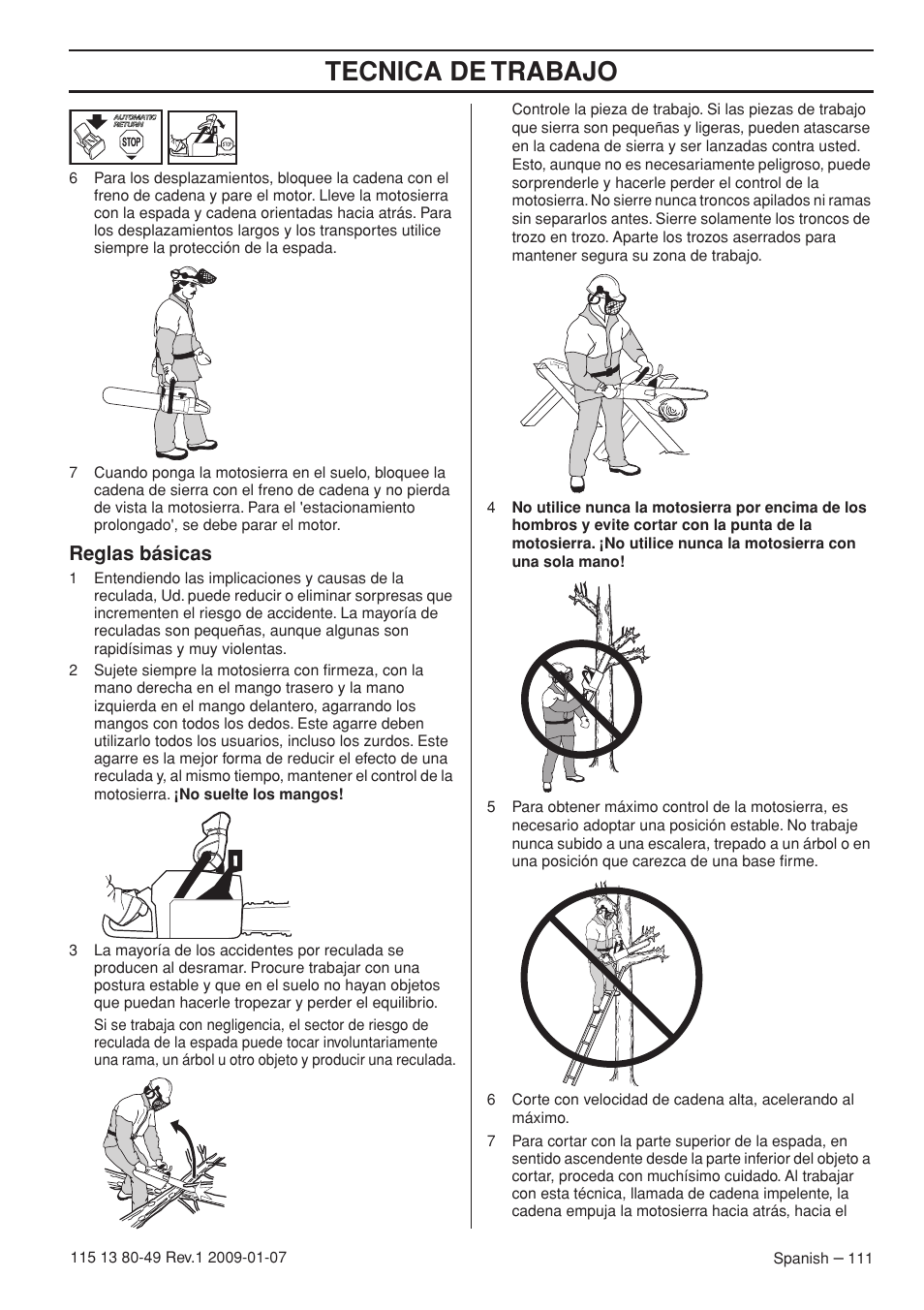 Reglas básicas, Tecnica de trabajo | Husqvarna EPA III User Manual | Page 111 / 132