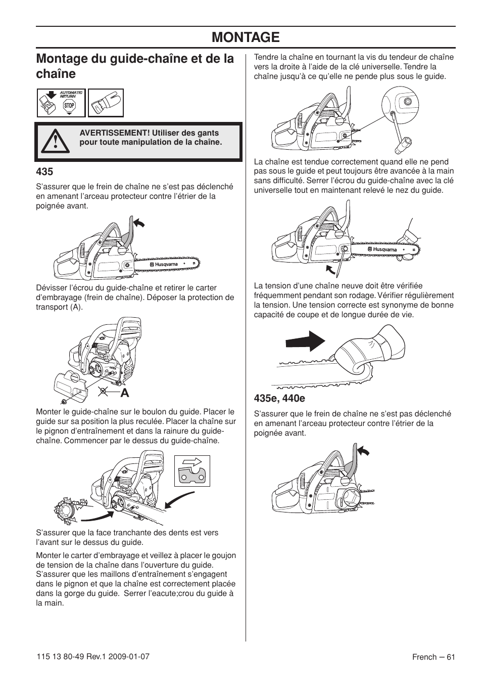 Montage du guide-chaîne et de la chaîne, 435e, 440e, Montage | Husqvarna EPA III User Manual | Page 61 / 132