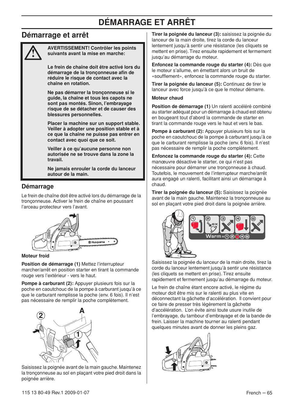 Démarrage et arrêt, Démarrage, A2 1 | Husqvarna EPA III User Manual | Page 65 / 132