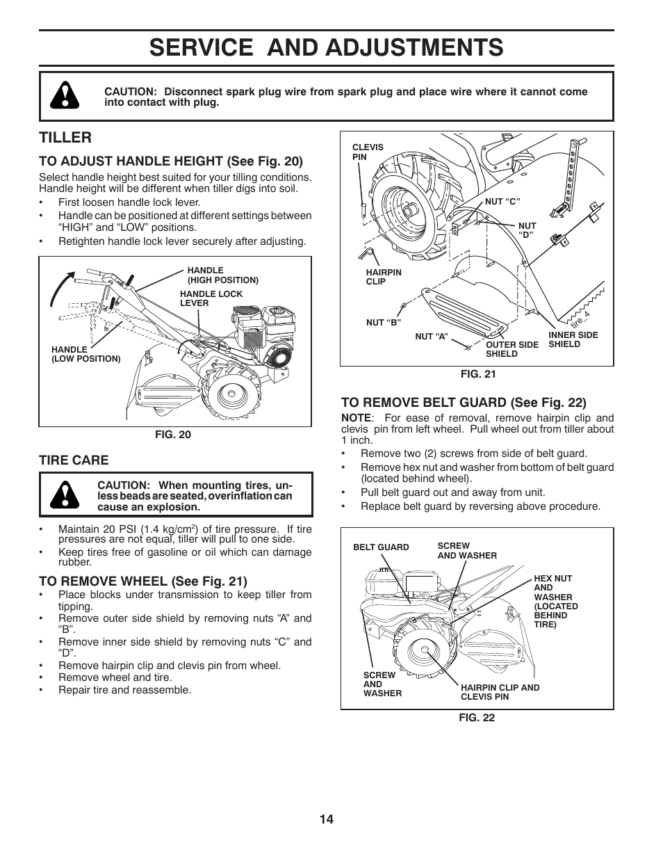 Service & adjustments, Service and adjustments, Tiller | Tire care | Husqvarna 650RTT User Manual | Page 14 / 28